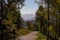 Hornischegg - Idyllic hiking trail through golden forest in autumn on Monte Gallo in Carnic Alps, border Austria Italy