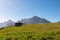 Hornischegg - Lone wild black horse grazing on alpine meadow with scenic view of Sextner Rotwand