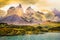 Horns of Paine and Lake Pehoe at sunset, Torres Del Paine, Patagonia, Chile