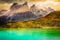 Horns of Paine and Lake Pehoe at sunset, Torres Del Paine, Patagonia, Chile