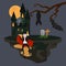 Horrible scary Dracula on Halloween dark night vector illustration. Castle of Dracula, grave with tombstone and cross