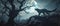 Horror angry werewolf howling at the moon in a forest with twisted trees Halloween background