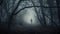 Horror background of a ghostly figure in enchanted a forest on a moody, foggy night. Halloween concept