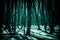 Horror background. Scary frightening tree trunks in the deep winter forest glowing greenish in the dark with mystical shadows in