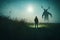 A horror concept. Of a mysterious monster skinwalker figure, standing outside. Silhouetted against the moon at night. With a