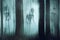 A horror concept. Of three spooky skeletons with glowing eyes appearing out of the mist in a forest. With a blurred, grunge