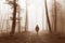 Horror dark man in silhouette in spooky foggy forest