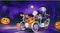 Horror evil illustration with boy and girl in a skeleton costume riding a retro car with pumpkins