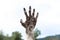 Horror and Halloween theme: Terrible zombie hands dirty with black nails reach for the sky, walking dead apocalypse, first-person