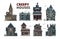 Horror house. Halloween scary gothic village buildings with spooky vector pictures set
