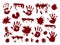 Horror murder. Blood spots and hand palm prints. Drip bleeding slash. Spatter bloodstain art. Scary drop of red ink