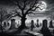A horror and scary grave yard night scene illustration 3d rendered