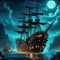 horror scenein ghost ship with cursed treasure and undead Fantasy concept