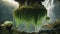 Horror waterfall of slime, with a landscape of fungus and worms, with a mutant