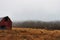 Horse and barn on foggy winter day