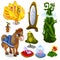 Horse, bird, frog and magic items. Vector
