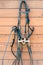 Horse bridle with decoration hanging on stable wooden wall.