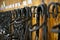 Horse bridles hanging in stable