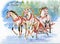 Horse carriage outdoors. Horses folk painting