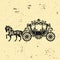 Horse-Carriage silhouette with horse. Vector illustration of brougham in baroque style. Vintage carriage isolated on dark backgrou