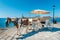 Horse carriage for transporting tourists in old port of Chania on Crete