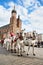 Horse Carriages with St. Mary`s Basilica in the Background on the Krakow Main Square, Krakow, Poland