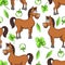 Horse cartoon drawing seamless pattern, vector illustration. Funny cute painted brown horse flowers and clover leaves on white bac