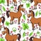 Horse cartoon drawing seamless pattern, vector illustration. Funny cute painted brown horse, pink flowers and clover leaves on whi