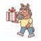 Horse character walks and holds gift box. Hand drawn character