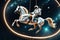 A Horse Defying Gravity, Riding an Astronaut Floating in the Abyss of Space Surrounded by a Celestial Constellation