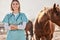Horse doctor, portrait and woman with smile outdoor at farm for health, care or happy for love, animal or nature. Vet