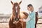 Horse doctor, stethoscope and listen at farm for health, care and inspection of animal in nature. Vet, nurse woman and