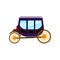 Horse-drawn carriage with large purple cab and big gold wheels. Vintage passengers transport. Flat vector icon of