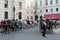 Horse-drawn carriages Viennese phyacres on Square of St. Michael Michaelerplatz in historic center of city Vienna, Austria