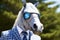 Horse dressed in businessmans suit and sunglasses. Humorous image