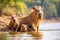 Horse family in the river at Okavango Delta, Botswana, A capybara family resting together on the banks of a river,