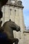 Horse fountain closeup and Clock Tower. PlaterÃ­as Square, Cathedral. Santiago de Compostela, Spain.