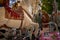 Horse in a French carousel in an amusement park. Large roundabout at the amusement park fair