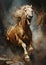 Horse gallops on the dust, epic moment. Freedom horse running in the dark background. AI Generative