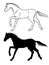 The horse gallops. The linear figure of a horse also appears. Horse racing, running.