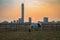 A horse graze at the Kolkata Maidan area at sunrise on a foggy winter morning with the cityscape at the backdrop.