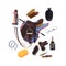 Horse grooming tools and riding harness, saddle and bridle