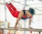 Horse, gymnastics and motion blur with a man in gym training for an olympics event or competition. Exercise, balance and