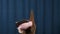 Horse hand puppet making money tossing gesture and shake head on blue background