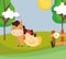 Horse and hen wooden fence flowers trees farm animal cartoon