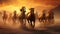 a horse herd against a solid background, bathed in the golden glow of a sunrise