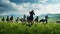 Horse herd run in beautiful green meadow