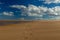 Horse Hoof Prints on Beach with Blue Sky