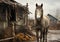 Horse isolated in a village with abandoned and ruined houses, after rain. AI generated