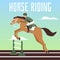 Horse with a jockey rider jumps over the barrier a vector flat illustration